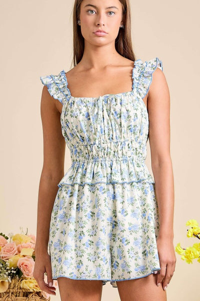 Patsy Blue Floral Smocked Ruffle Romper